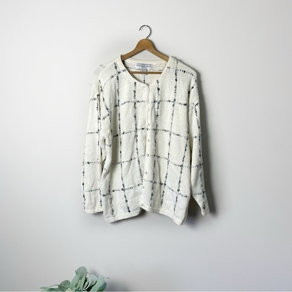 [Dress Barn] Ivory & Gray Plaid Windowpane Ramie Blend Button Down Sweater - Picture 1 of 9